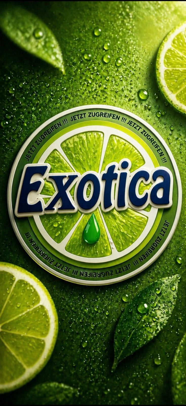 Lime-Geschmack mit Limetten, Blättern und Exotica Emblem