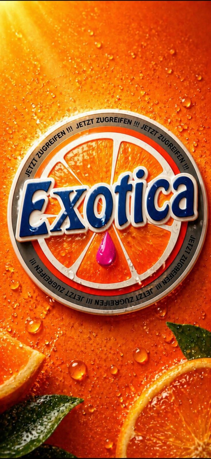 Zitrus-Geschmack mit Orangen, Wasserperlen und Exotica Emblem